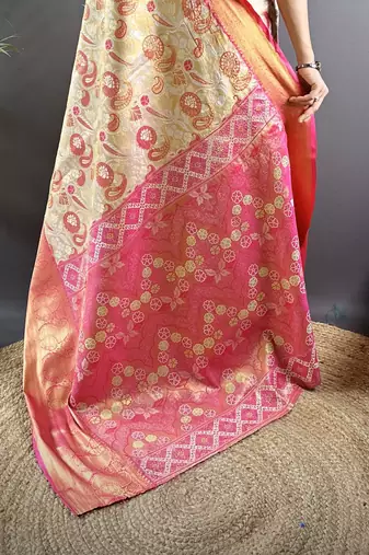cream tissue silk blend kanjeevaram zari woven saree with unstitched blouse piece.