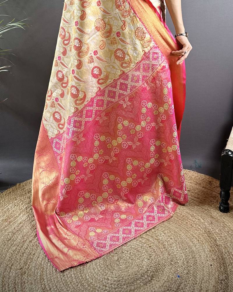 cream tissue silk blend kanjeevaram zari woven saree with unstitched blouse piece.