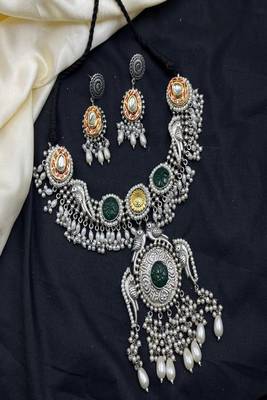 Oxidized silver indian choker set | boho kundan pearl necklace 3