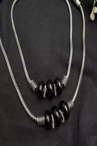 Boho black bead silver anklet | oxidized silver ankle bracelet with bells
