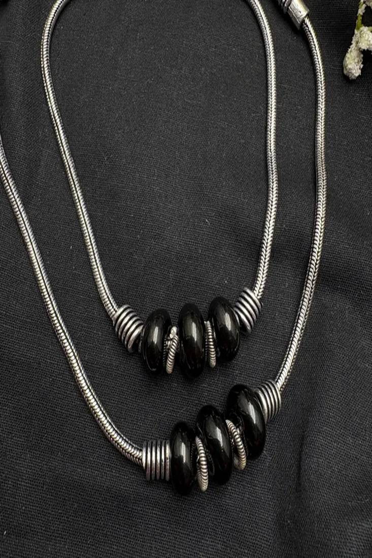 Boho black bead silver anklet | oxidized silver ankle bracelet with bells