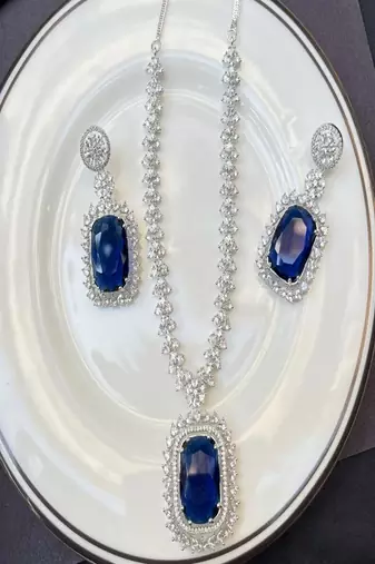 Blue crystal choker necklace earring set: bridal statement jewelry