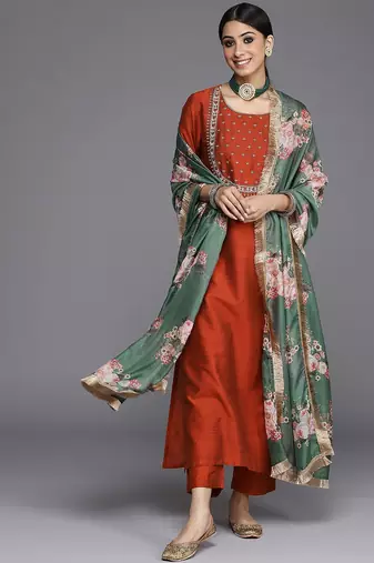 Women Maroon Yoke Embroidered Kurta with Trouser & Printed Dupatta