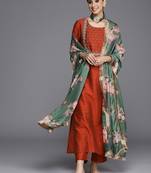 Women Maroon Yoke Embroidered Kurta with Trouser & Printed Dupatta