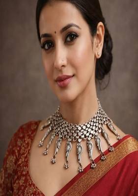Statement oxidized silver tribal choker | boho bird motif necklace 1