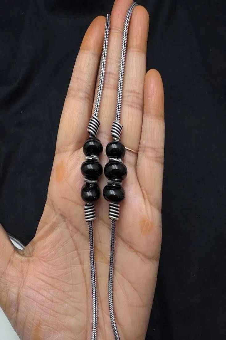 Boho black bead silver anklet | oxidized silver ankle bracelet with bells