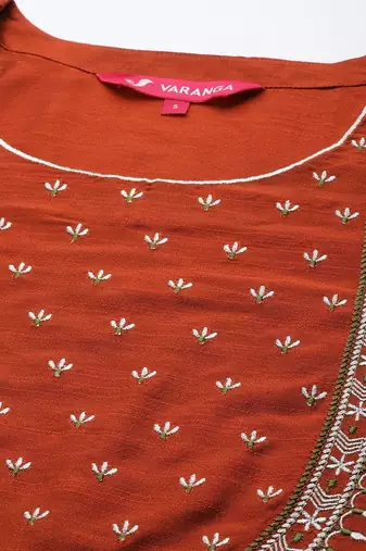 Women Maroon Yoke Embroidered Kurta with Trouser & Printed Dupatta