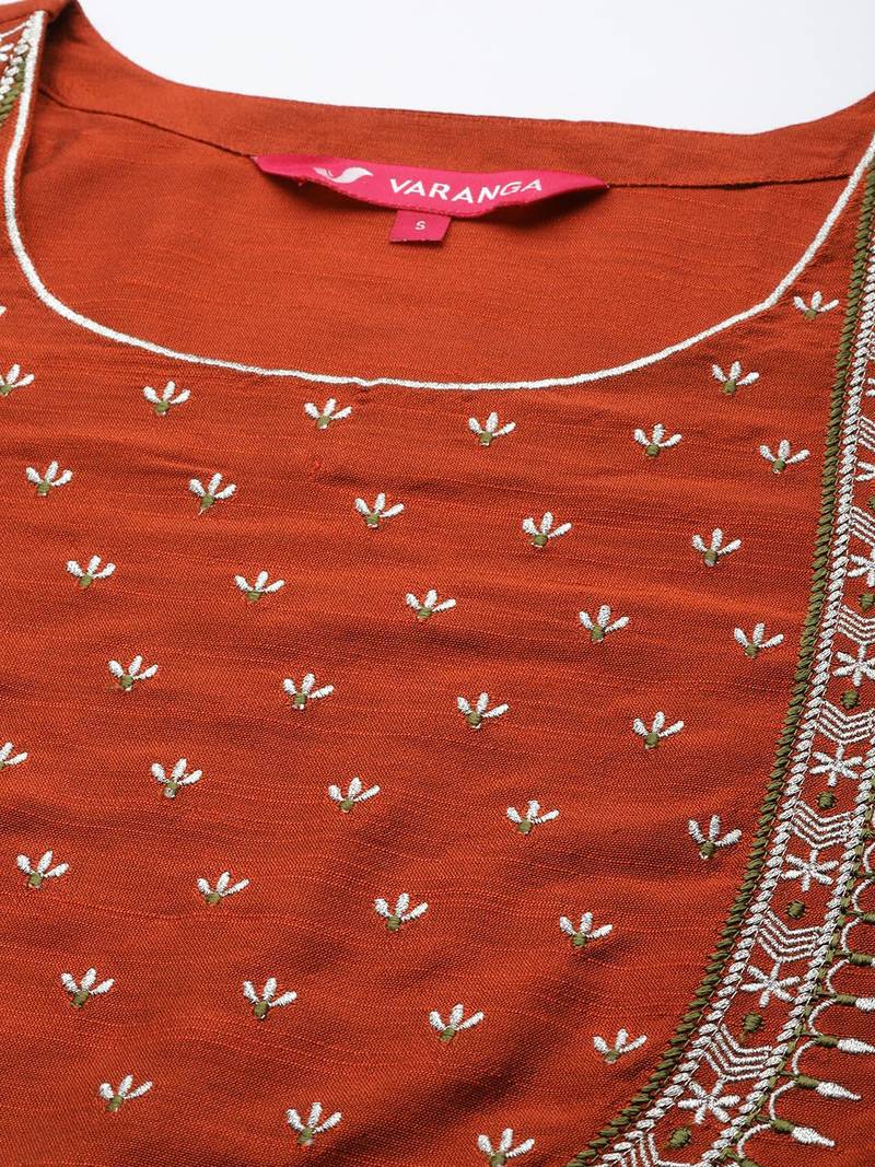 Women Maroon Yoke Embroidered Kurta with Trouser & Printed Dupatta