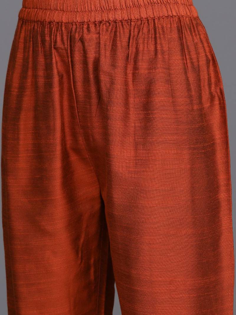 Women Maroon Yoke Embroidered Kurta with Trouser & Printed Dupatta