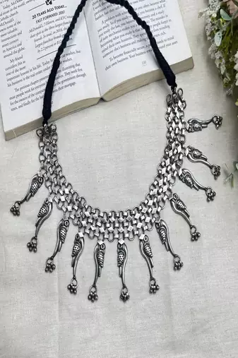 Statement oxidized silver tribal choker | boho bird motif necklace