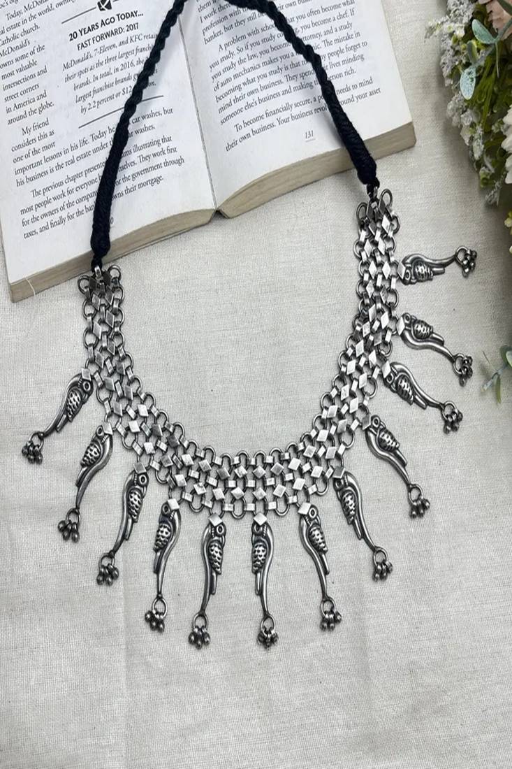 Statement oxidized silver tribal choker | boho bird motif necklace