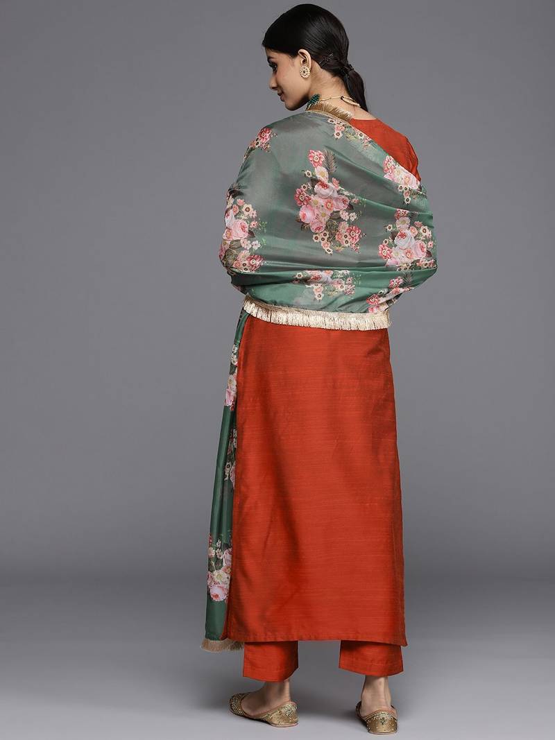Women Maroon Yoke Embroidered Kurta with Trouser & Printed Dupatta