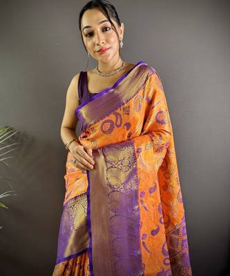 orange tissue silk blend kanjeevaram zari woven saree with unstitched blouse piece. 1
