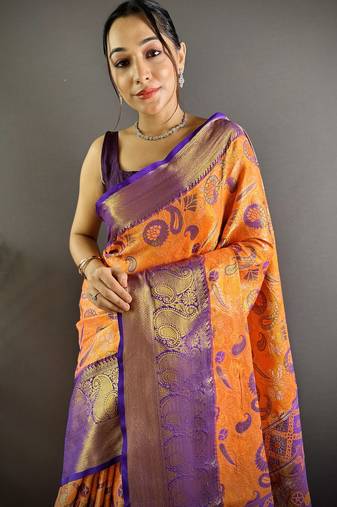 orange tissue silk blend kanjeevaram zari woven saree with unstitched blouse piece.