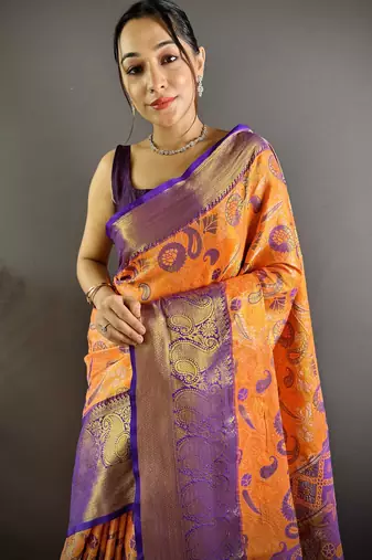 orange tissue silk blend kanjeevaram zari woven saree with unstitched blouse piece.