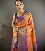 orange tissue silk blend kanjeevaram zari woven saree with unstitched blouse piece.