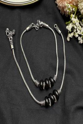 Boho black bead silver anklet | oxidized silver ankle bracelet with bells 4