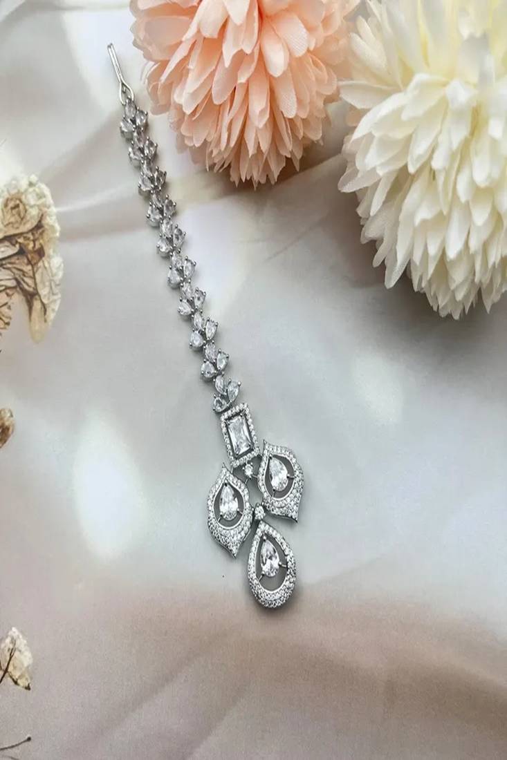 Silver crystal maang tikka set, indian bridal headpiece, rhinestone forehead jewelry