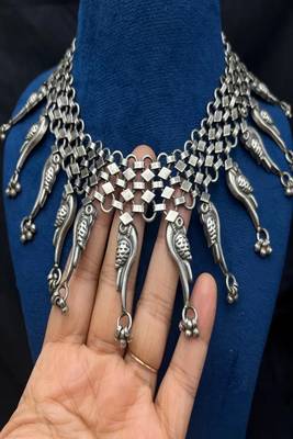 Statement oxidized silver tribal choker | boho bird motif necklace 3