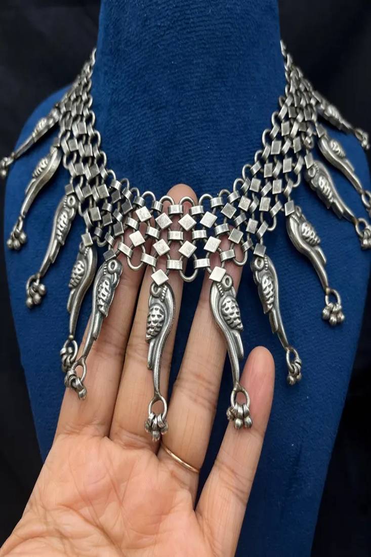 Statement oxidized silver tribal choker | boho bird motif necklace