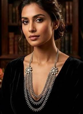 Long oxidized silver layered necklace, indian ethnic boho statement jewelry 1