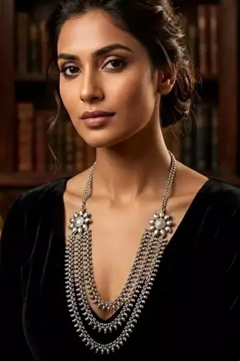 Long oxidized silver layered necklace, indian ethnic boho statement jewelry