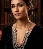 Long oxidized silver layered necklace, indian ethnic boho statement jewelry