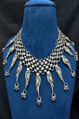Statement oxidized silver tribal choker | boho bird motif necklace