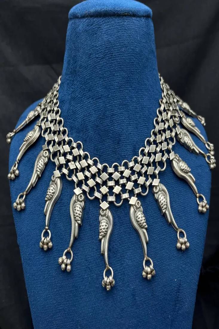 Statement oxidized silver tribal choker | boho bird motif necklace