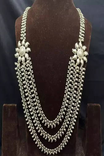 Long oxidized silver layered necklace, indian ethnic boho statement jewelry