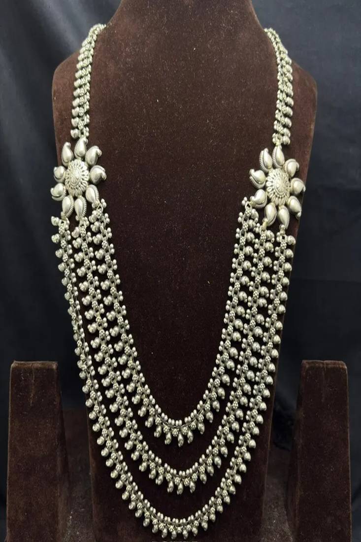 Long oxidized silver layered necklace, indian ethnic boho statement jewelry