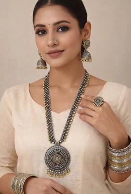 Dual tone oxidized long necklace set | mandala pendant, jhumka earrings 1