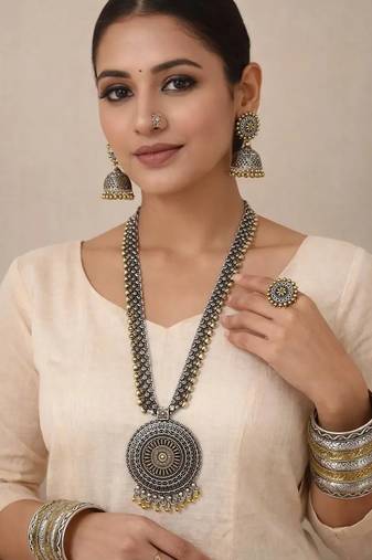Dual tone oxidized long necklace set | mandala pendant, jhumka earrings