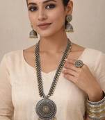 Dual tone oxidized long necklace set | mandala pendant, jhumka earrings