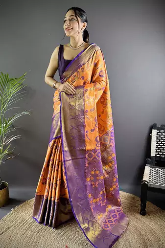 orange tissue silk blend kanjeevaram zari woven saree with unstitched blouse piece.