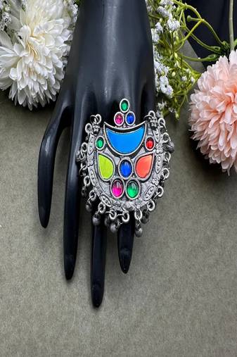 Oversized colorful statement ring | oxidized silver boho tribal ring