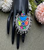 Oversized colorful statement ring | oxidized silver boho tribal ring