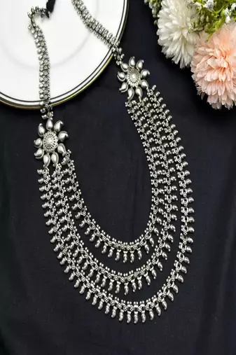 Long oxidized silver layered necklace, indian ethnic boho statement jewelry