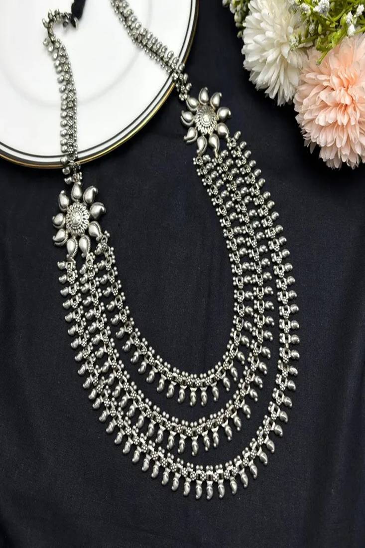 Long oxidized silver layered necklace, indian ethnic boho statement jewelry