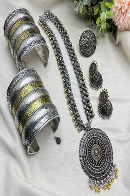 Dual tone oxidized long necklace set | mandala pendant, jhumka earrings 2