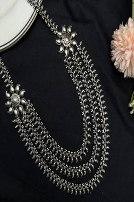 Long oxidized silver layered necklace, indian ethnic boho statement jewelry 4