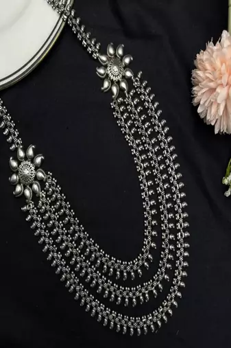 Long oxidized silver layered necklace, indian ethnic boho statement jewelry