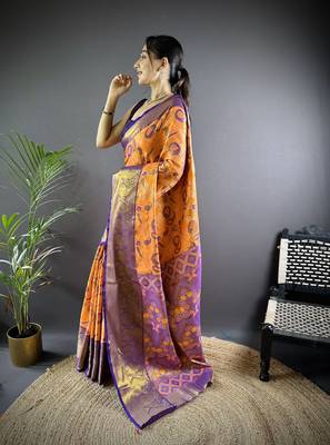 orange tissue silk blend kanjeevaram zari woven saree with unstitched blouse piece. 3
