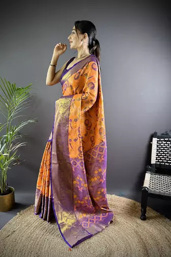 orange tissue silk blend kanjeevaram zari woven saree with unstitched blouse piece.