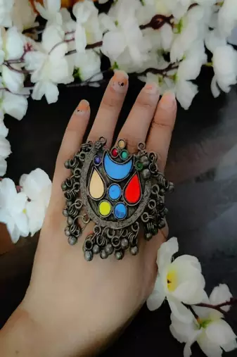 Oversized colorful statement ring | oxidized silver boho tribal ring