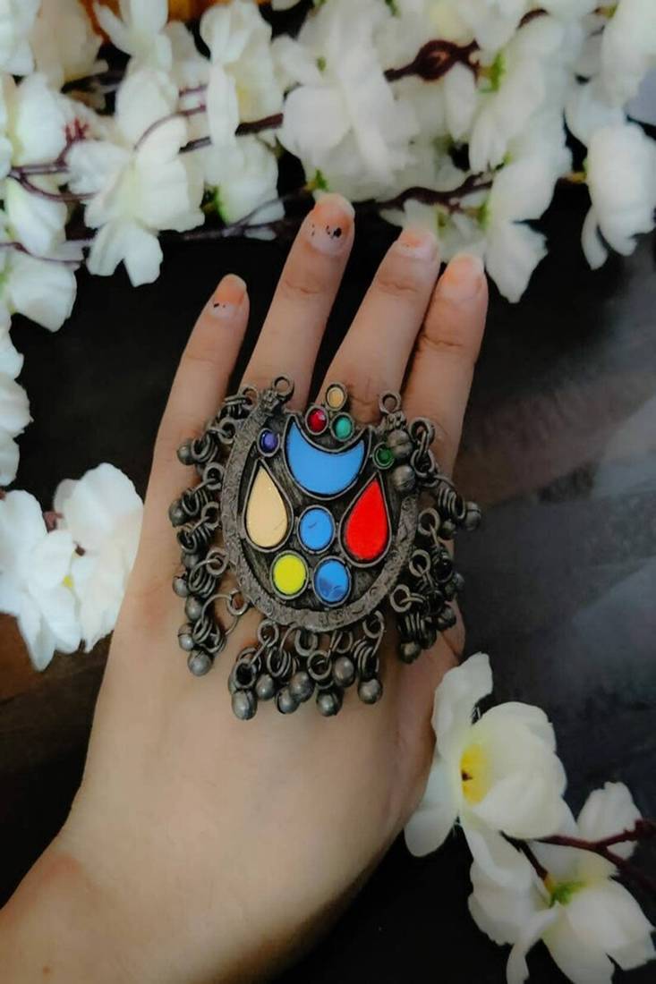 Oversized colorful statement ring | oxidized silver boho tribal ring