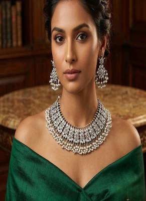 Oxidized silver choker necklace set: pearl & kundan stone indian jewelry 1