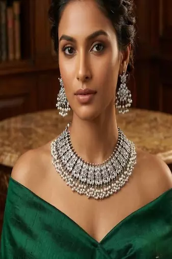 Oxidized silver choker necklace set: pearl & kundan stone indian jewelry