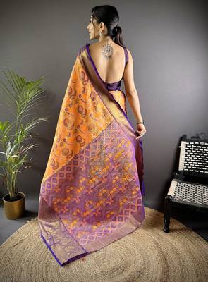 orange tissue silk blend kanjeevaram zari woven saree with unstitched blouse piece. 4