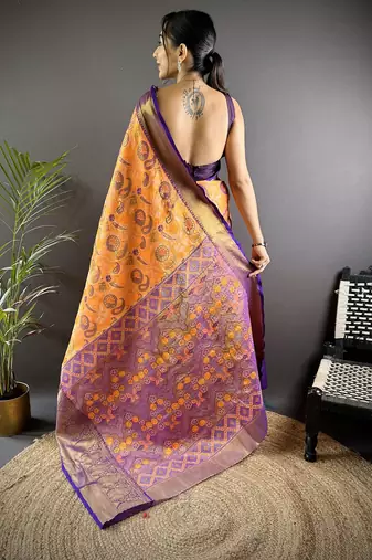 orange tissue silk blend kanjeevaram zari woven saree with unstitched blouse piece.